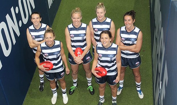 2018_05_16_VFLW_Hero.jpg L to R: Cassie Blakeway, Renee Garing, Kate Darby, Jordan Ivey, Danielle Orr and Bec Goring. - Geelong Cats